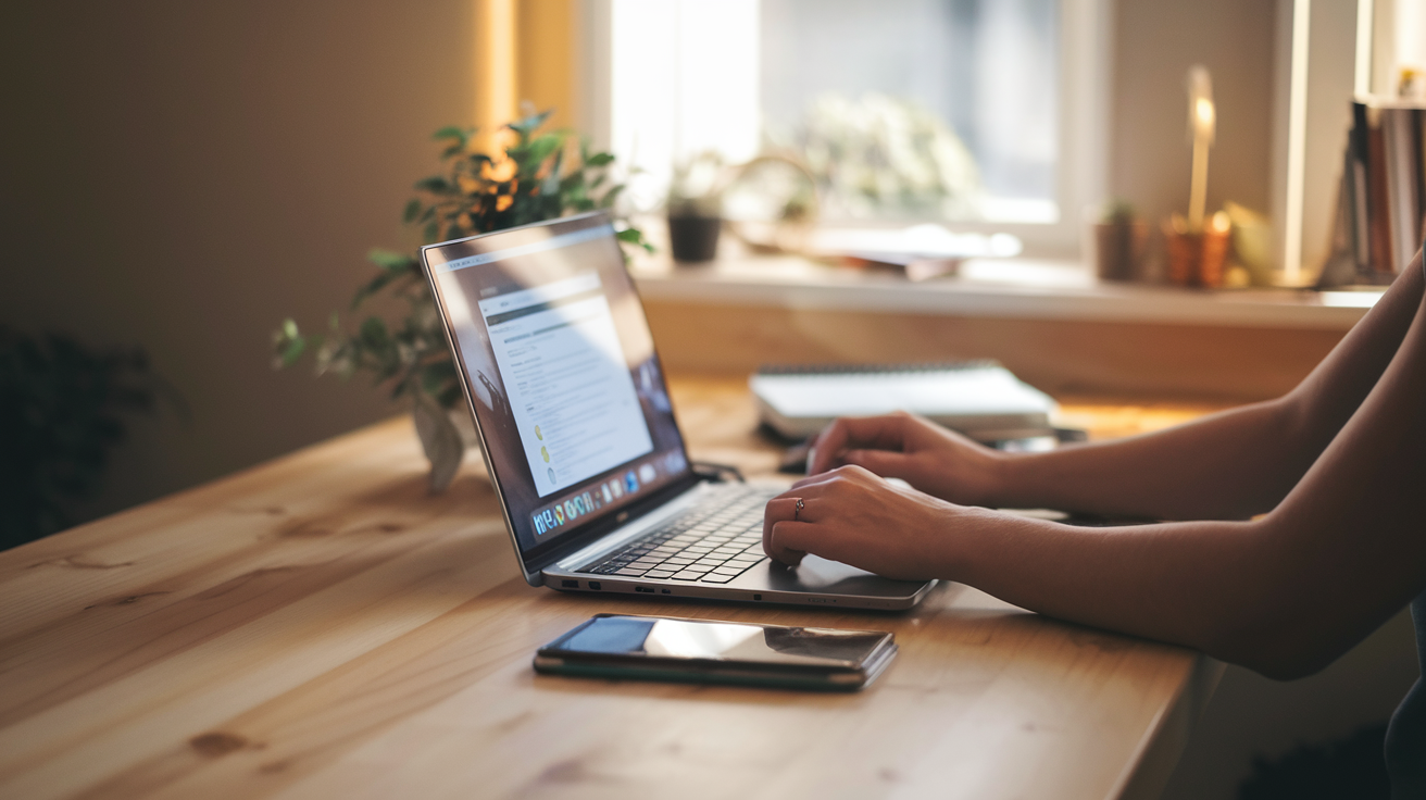 A solo entrepreneur working at a clean, modern home office setup