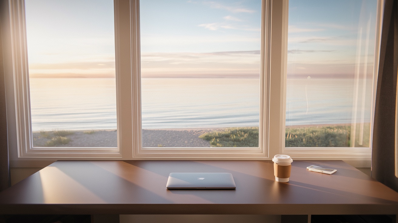 A closed laptop on an empty desk with a calm beach outside the window