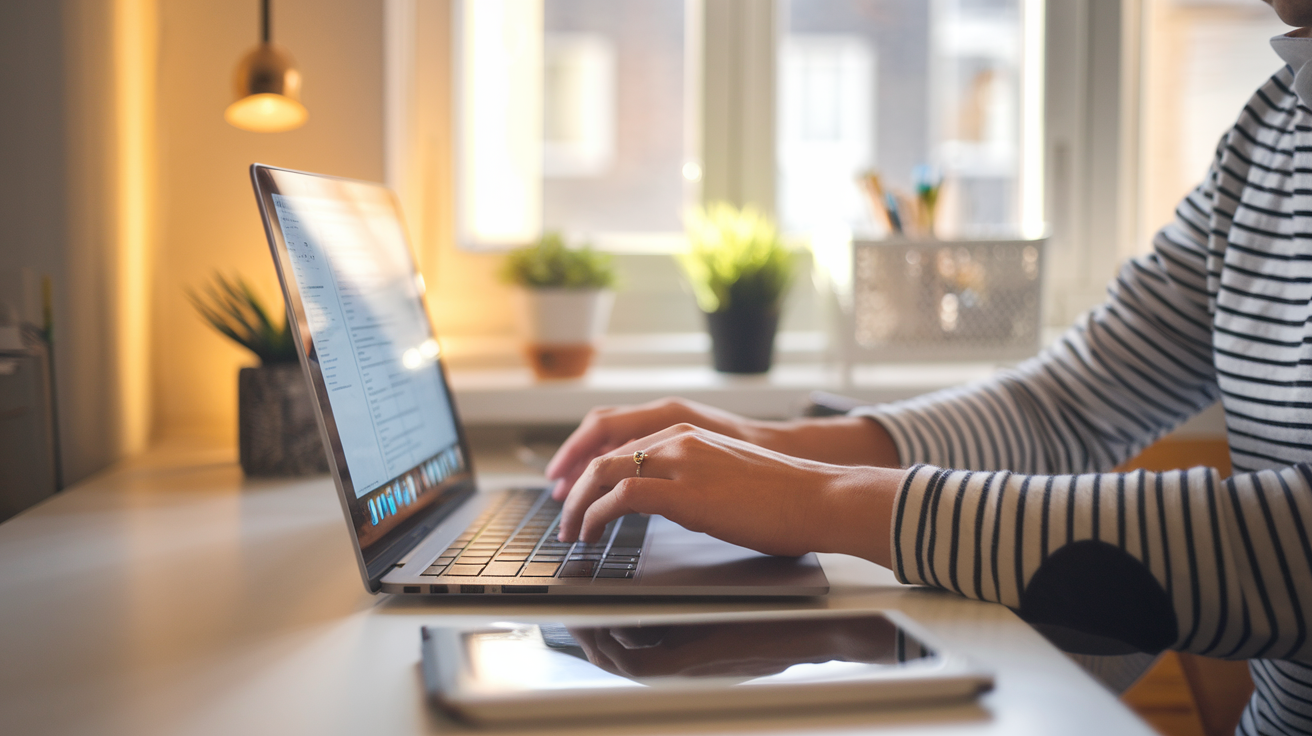 A solo founder working alone at a laptop in a small home office