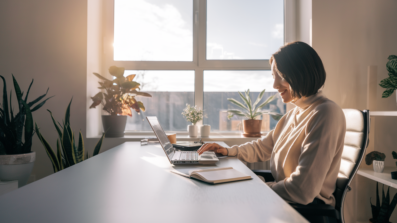 A solopreneur working at a modern home office desk with morning light