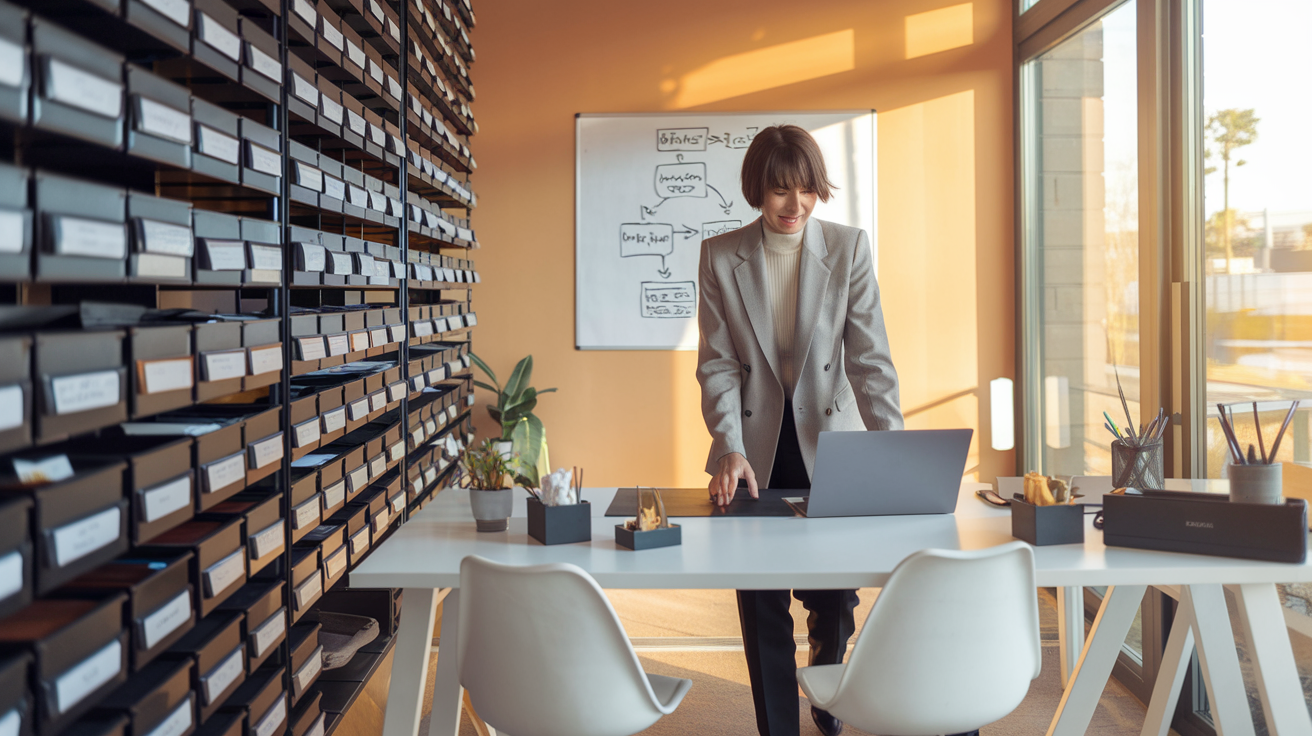 A solopreneur stepping away from a tidy desk while their documented business processes keep running