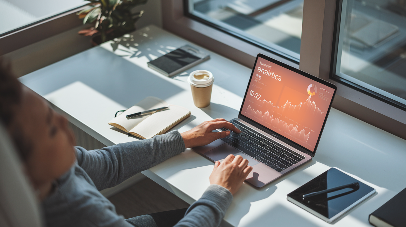 A solo entrepreneur working at a minimal desk with analytics on screen
