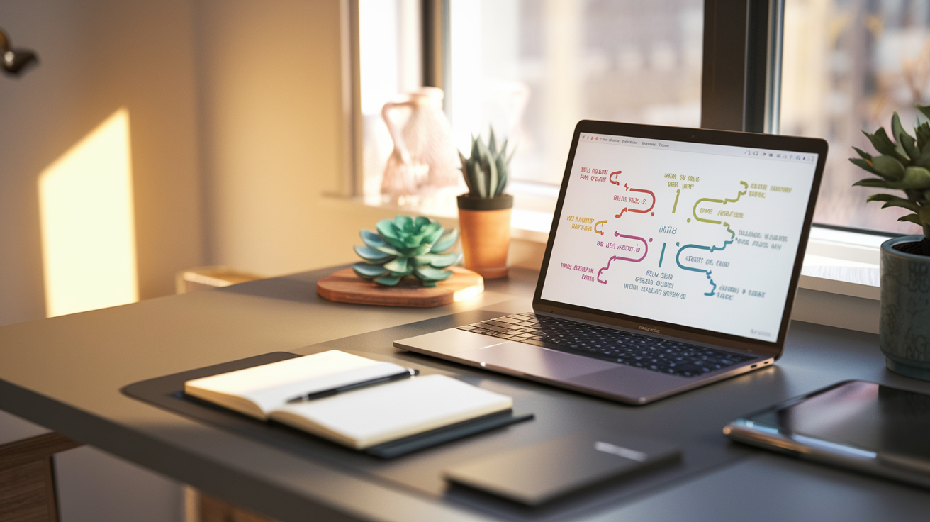 A clean, minimal home office workspace showing a workflow automation interface on a laptop