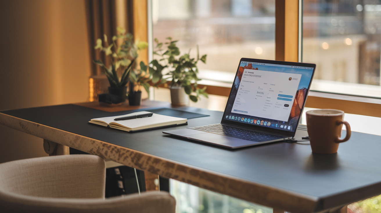 A clean, minimal home office workspace with laptop, notebook, and coffee