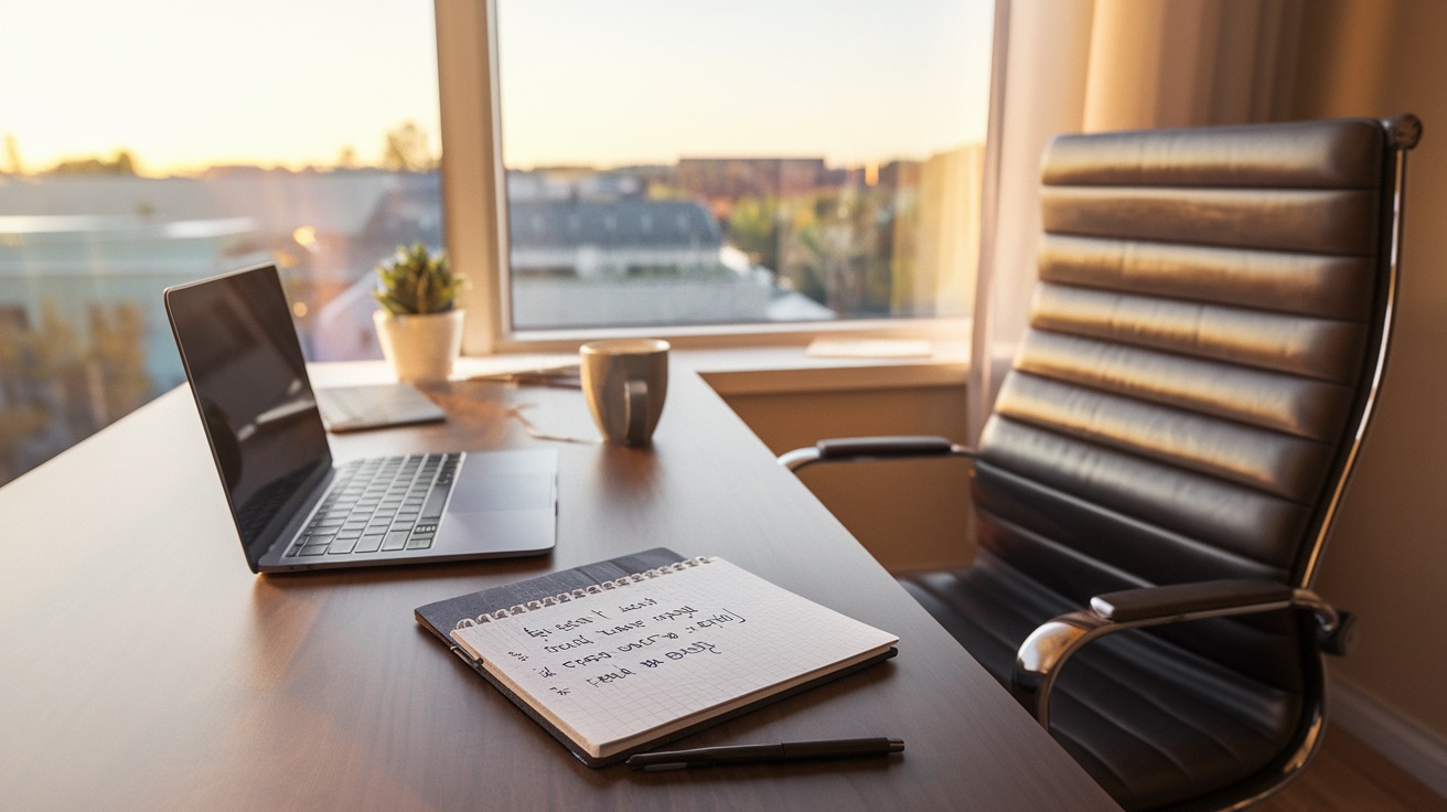 A solo founder's desk with an empty second chair