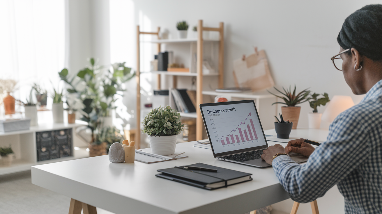 A solopreneur working at their desk reviewing business growth metrics