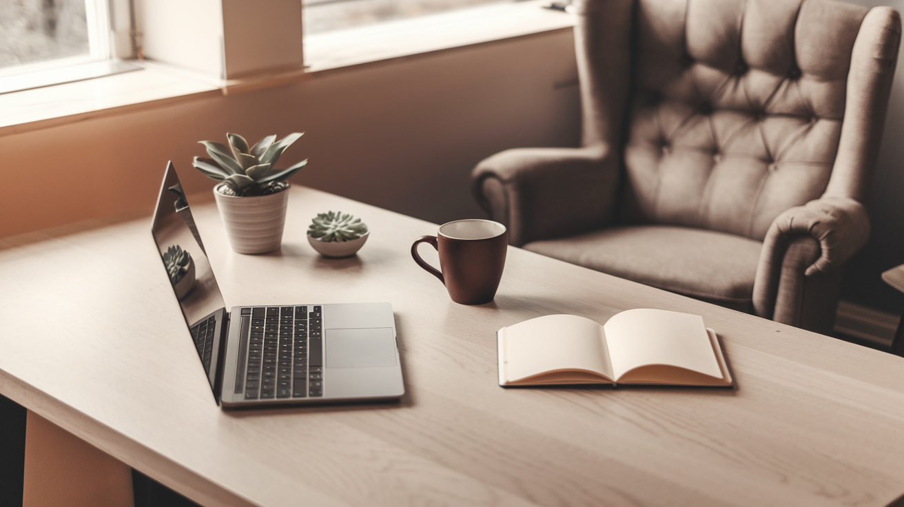 A clean, modern home office workspace with a laptop, notebook, and coffee on a light wooden desk