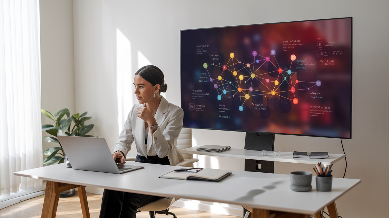 A solopreneur working at a minimalist desk with a monitor showing a workflow automation diagram